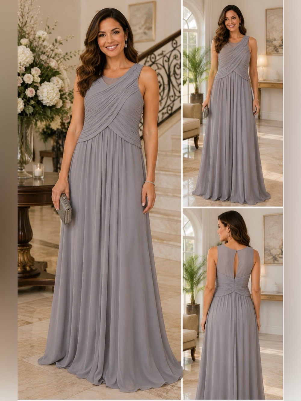 Bill Levkoff Taupe Gray Maxi Chiffon Bridesmaid wedding Formal Gown Size 18